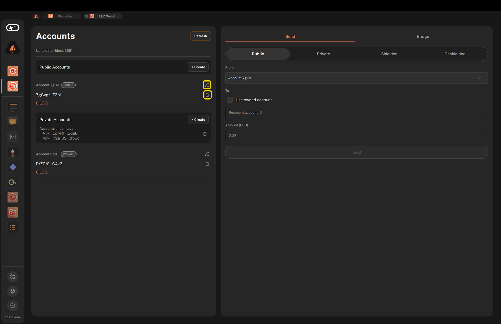A public account with its edit and copy buttons highlighted