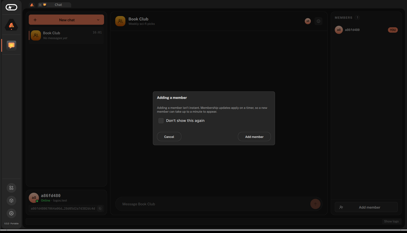 The Adding a member explainer with the Don't show this again option and the Add member button