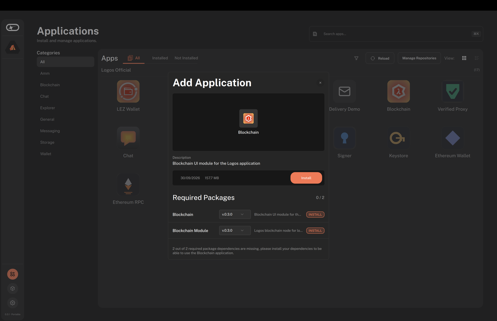 The Add Application dialogue for Blockchain in Logos Basecamp