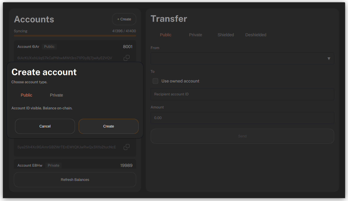 Create account menu