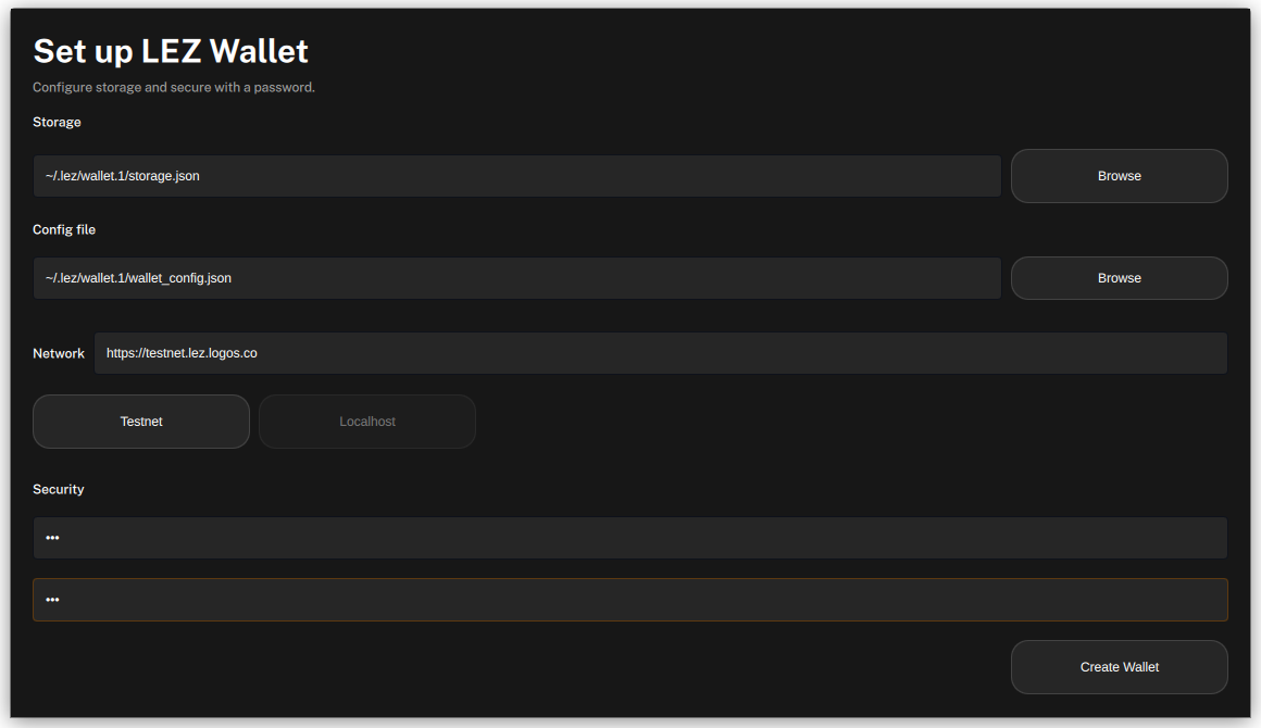 Wallet setup screen
