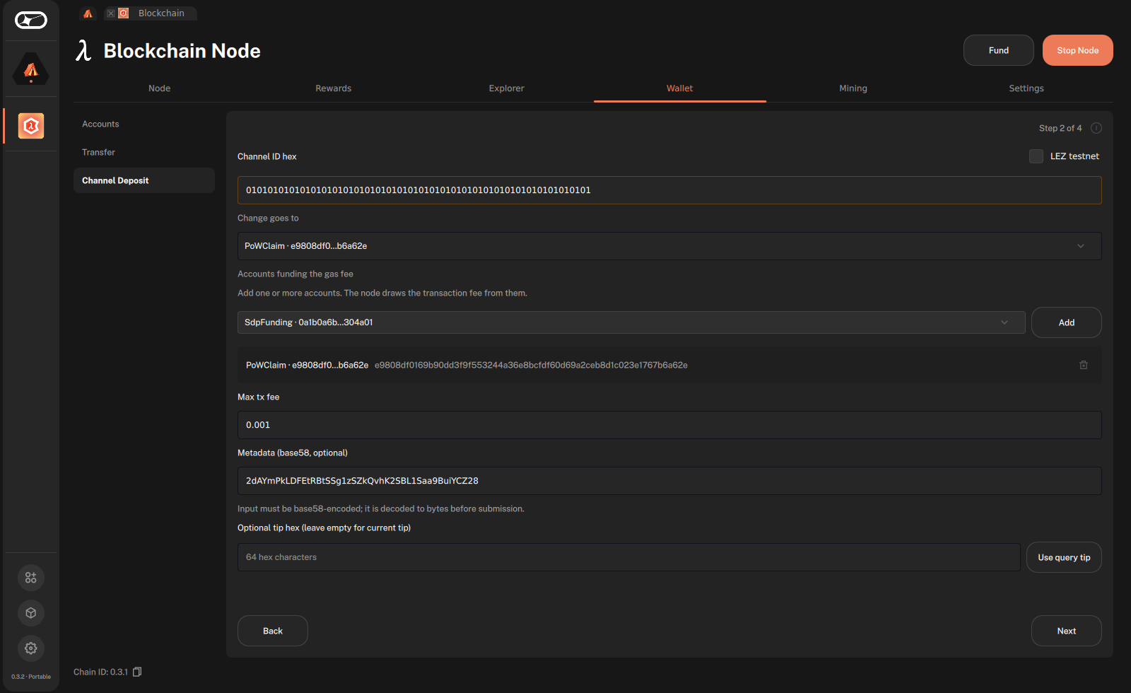 Step 2 of 4 with the LEZ testnet channel ID and a LEZ account ID in Metadata