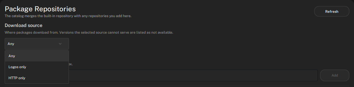 The Download source selector in Package Repositories