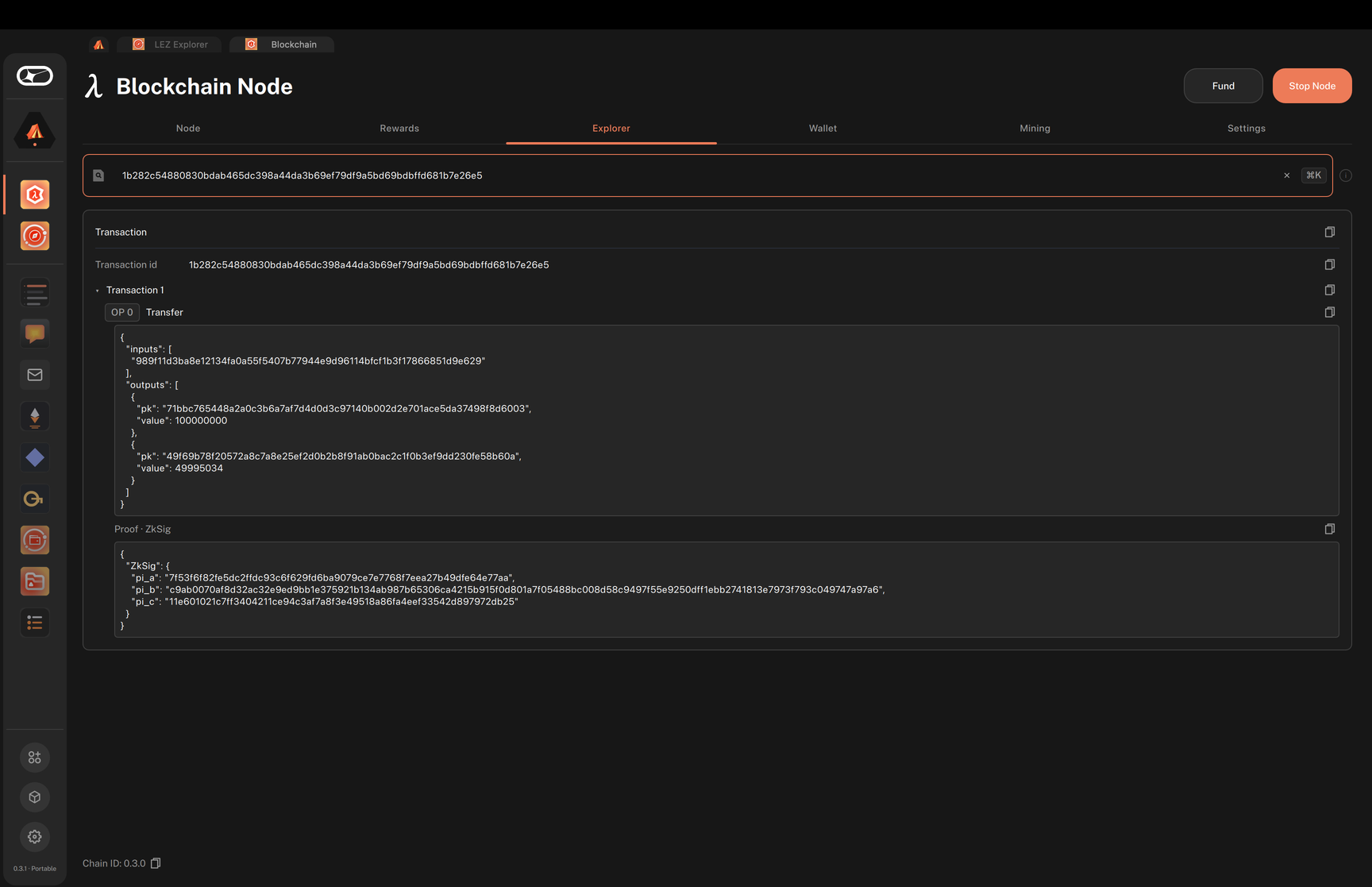 The Explorer tab showing a transfer transaction