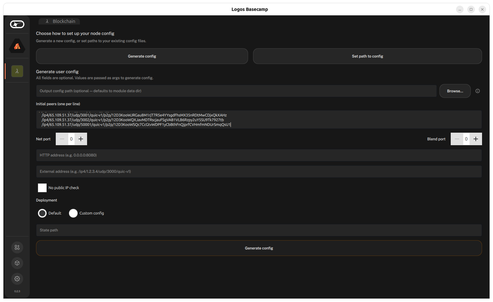 Generate config screen