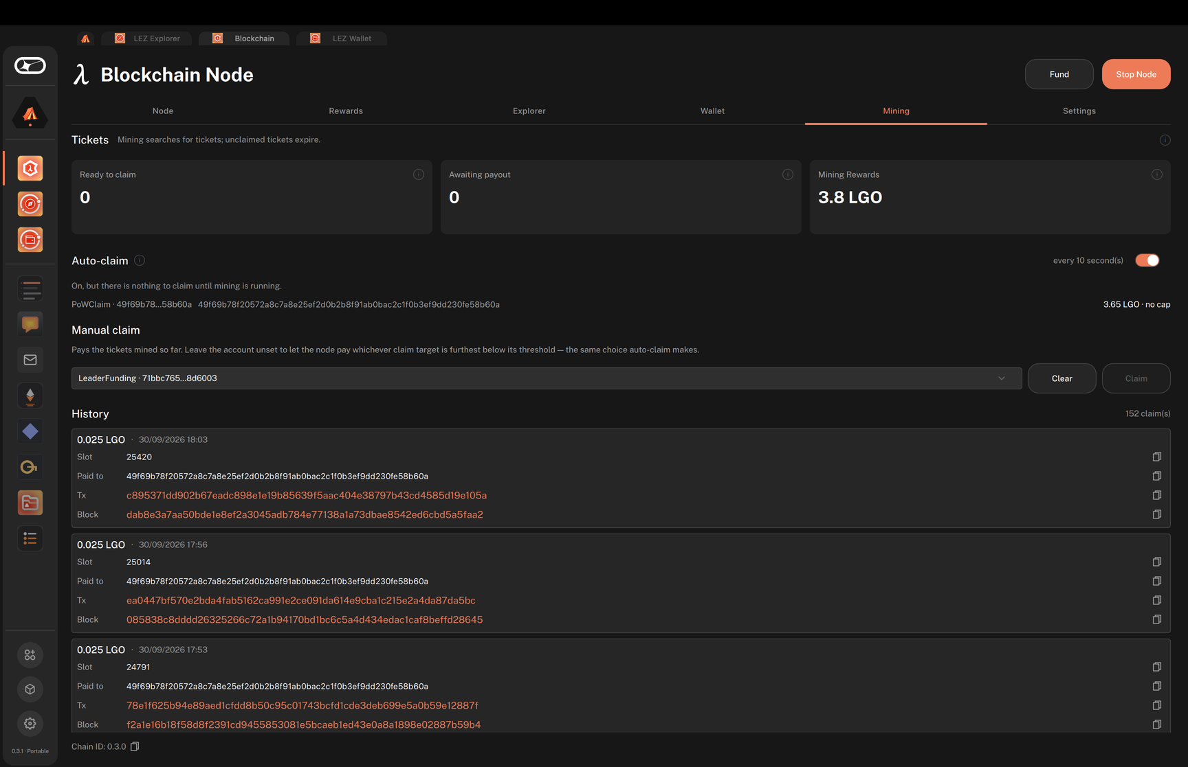 The Mining tab with Auto-claim on, Manual claim, and the claim history