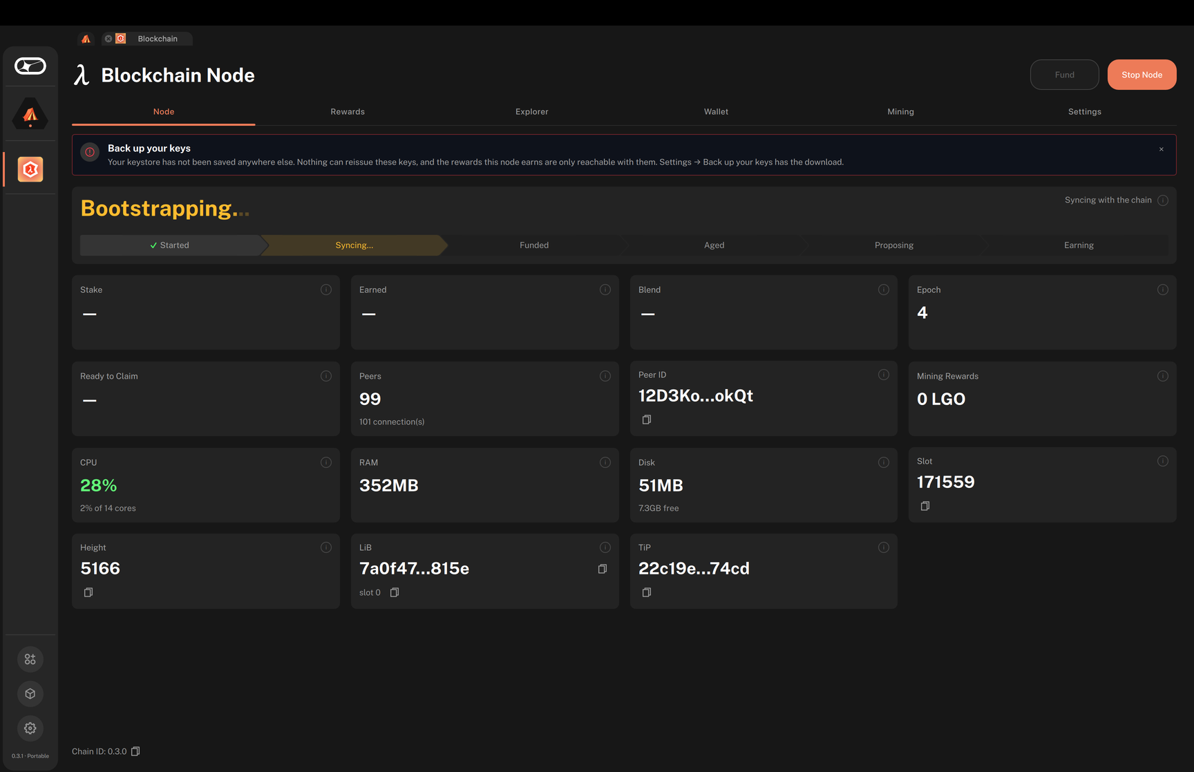 The Node tab while the node is Bootstrapping