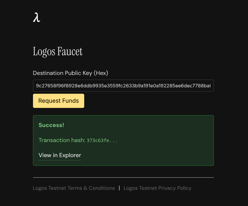 Image of the faucet UI after requesting funds with a public key