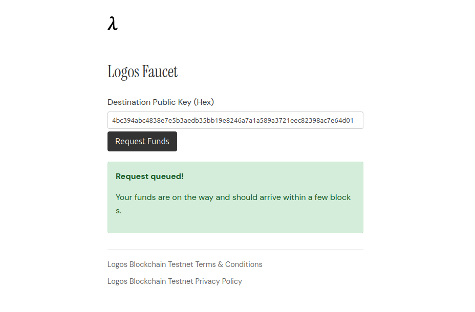 Image of the faucet UI after requesting funds with a public key