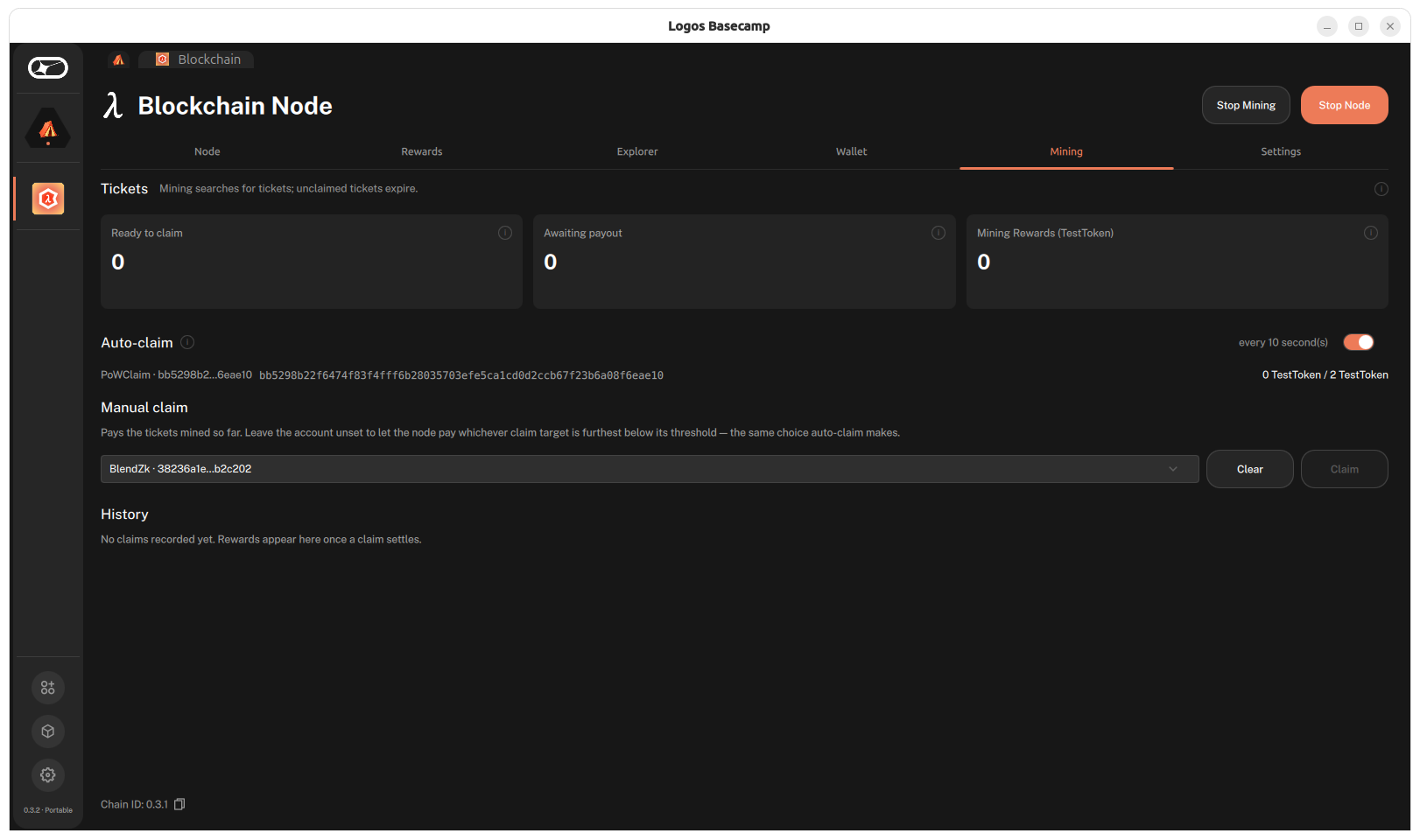The header showing Stop Mining while the node mines