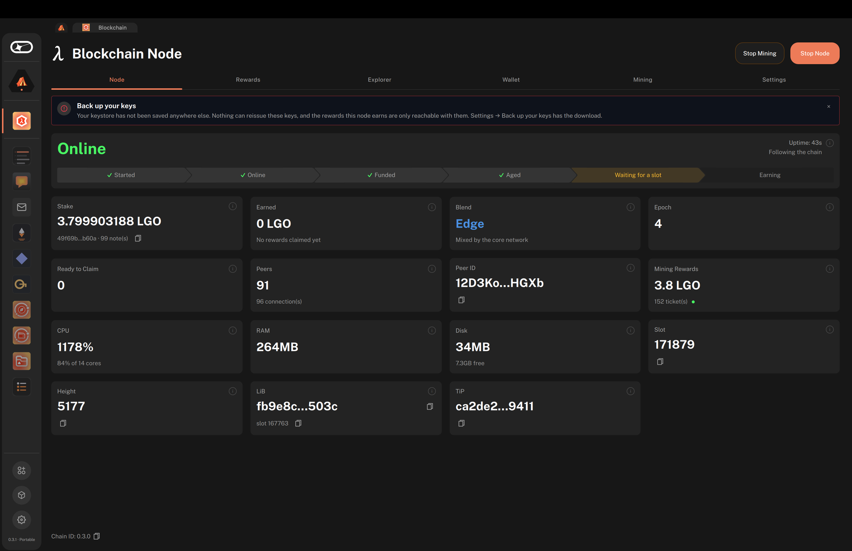 The header showing Stop Mining while the node mines