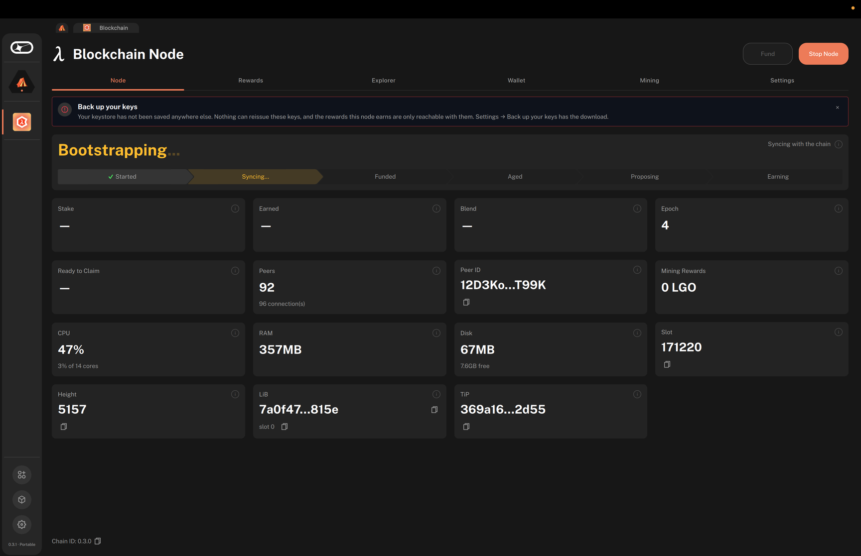The Back up your keys notice on the Node tab