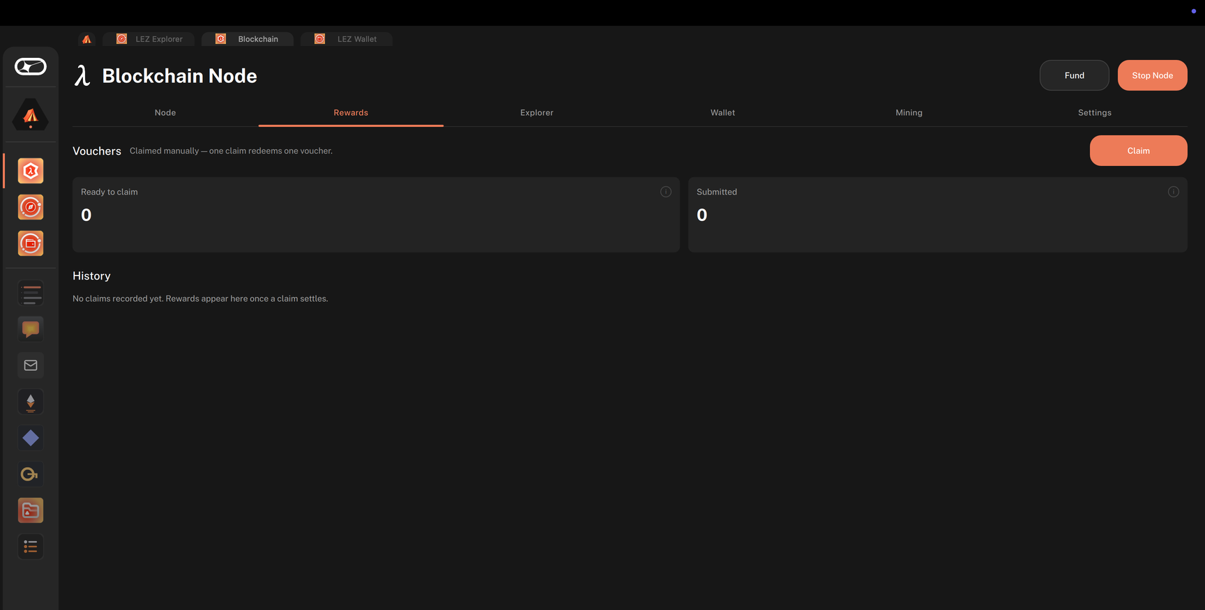 The Rewards tab of a node that has no vouchers to claim yet
