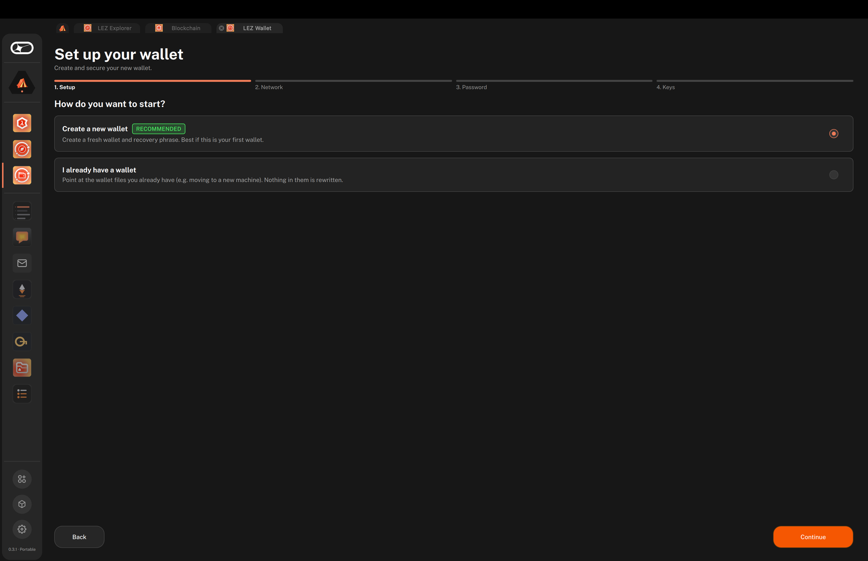 Step 1. Setup of the Set up your wallet wizard