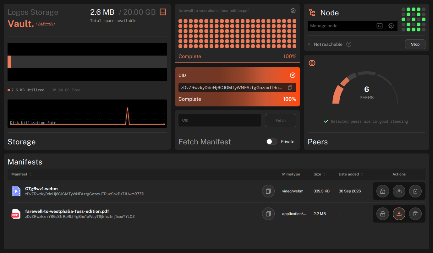 Dashboard after an upload, with the file listed in the Manifests panel