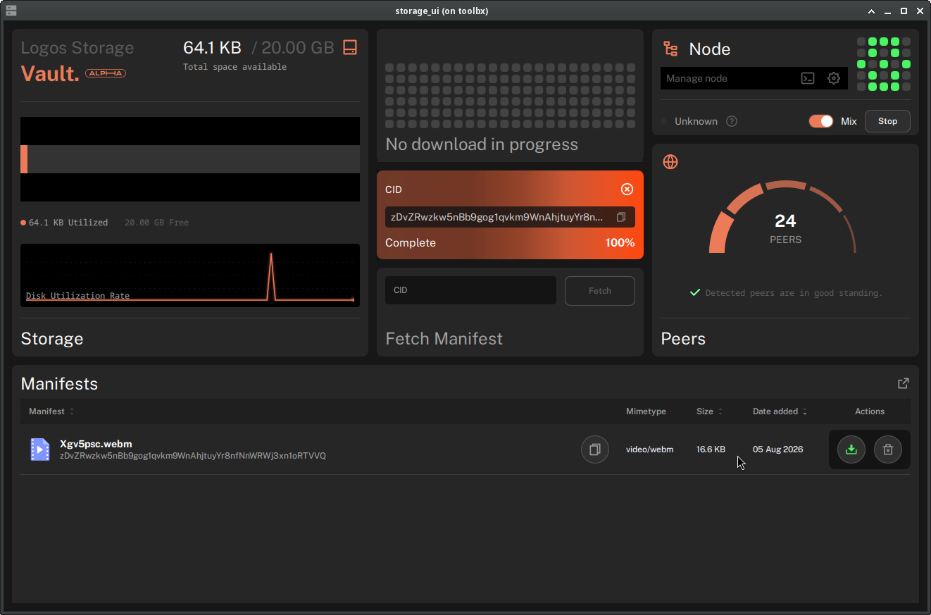 Dashboard after an upload, with the file listed in the Manifests panel