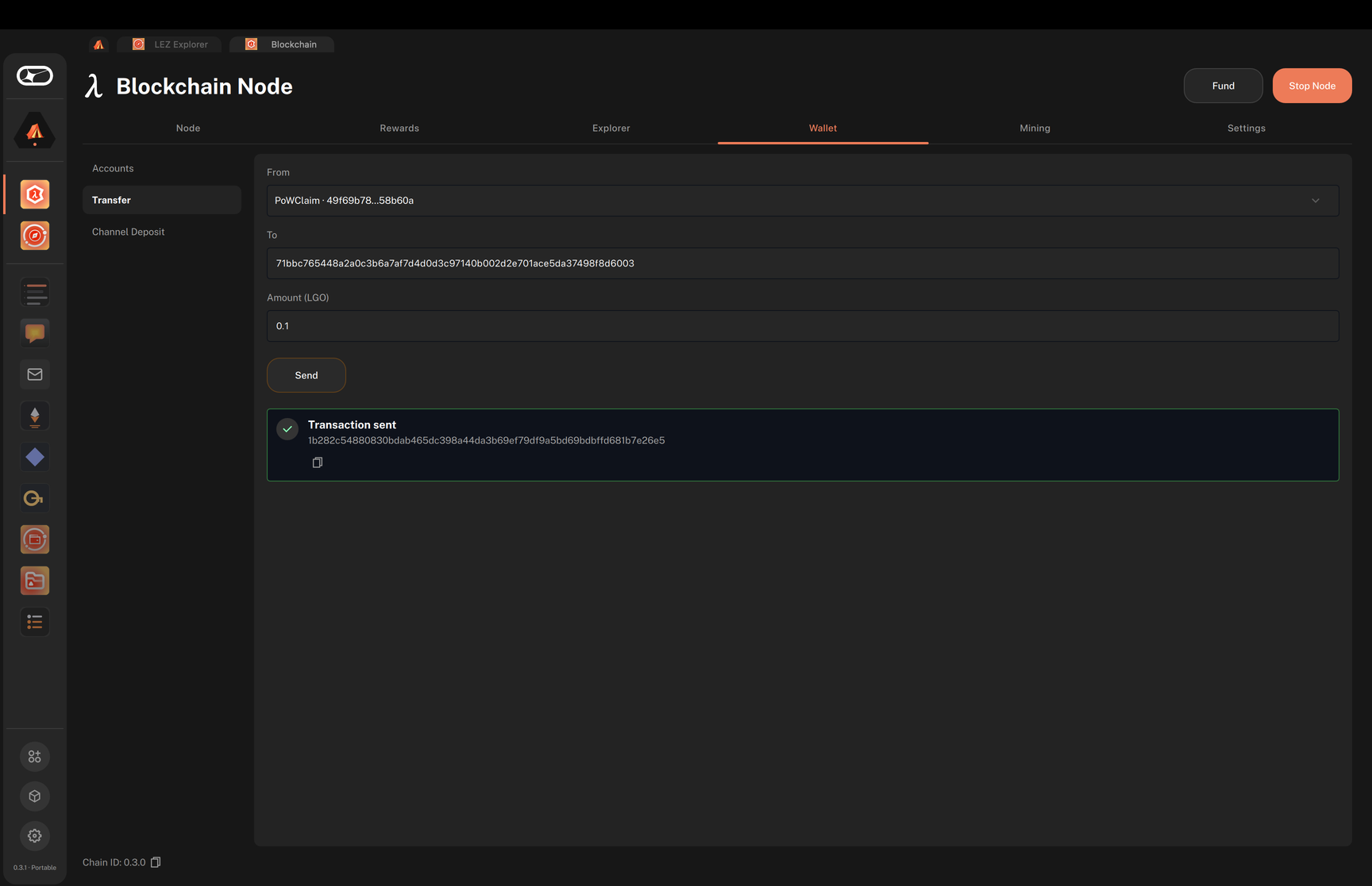 A Transaction sent notice with the transaction hash
