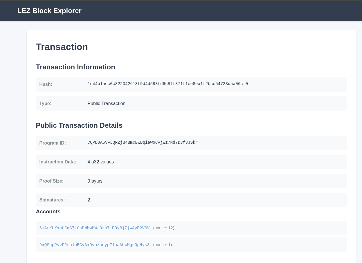 Transaction details on the explorer